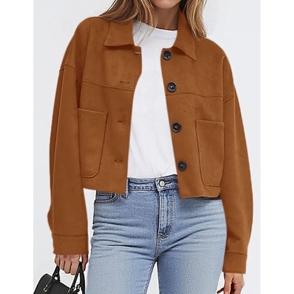 Women's Faux Suede Cropped Jacket Casual Lightweight Spring Outerwear Brown - Picture 2 of 6